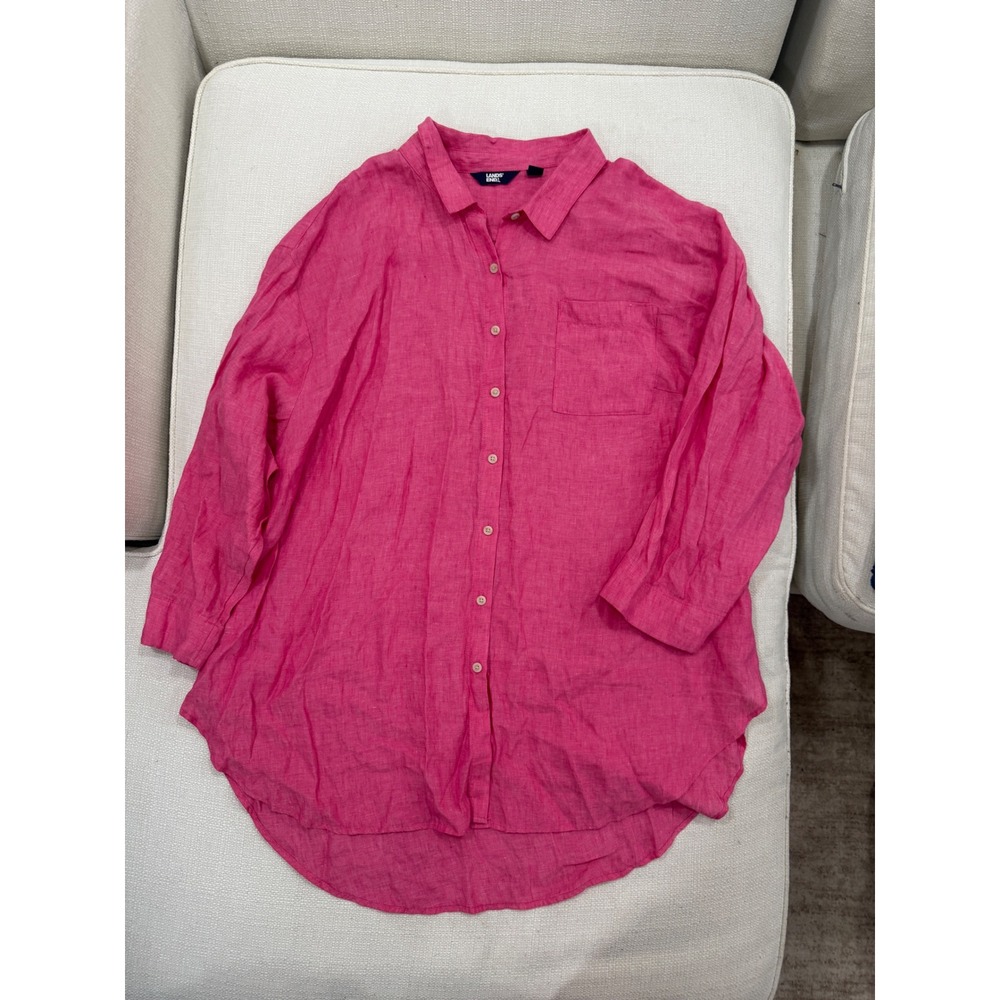 Lands End Linen Shirt Womens 3X Pink Button Up Long Sleeve High Low Excellent